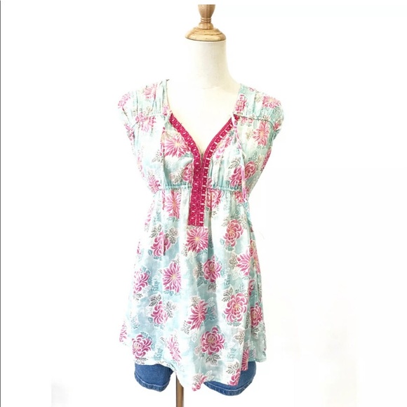 Free People Rare Blue Tunic with Pink Flowers Size S. - Picture 1 of 9
